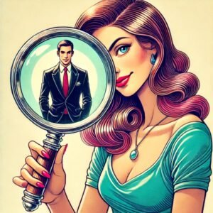 a cartoon image of a woman using a magnifying glass with a man in the magnifying glass. This symbolizes the blog post section, "How to Identify a Narcissist."