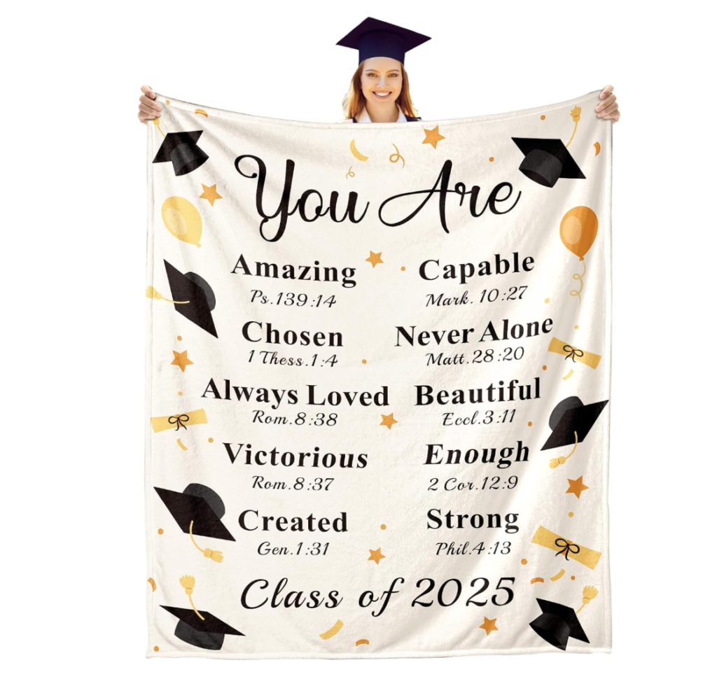 an image of a graduate holding a huge 2025 Graduation Throw Blankets, Class of 2025 Gifts