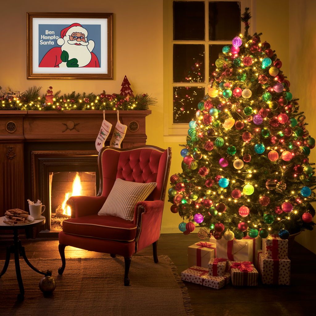 Nostalgic vintage Christmas decor with vibrant ornaments, Ben Hampton Santa picture, Christmas tree