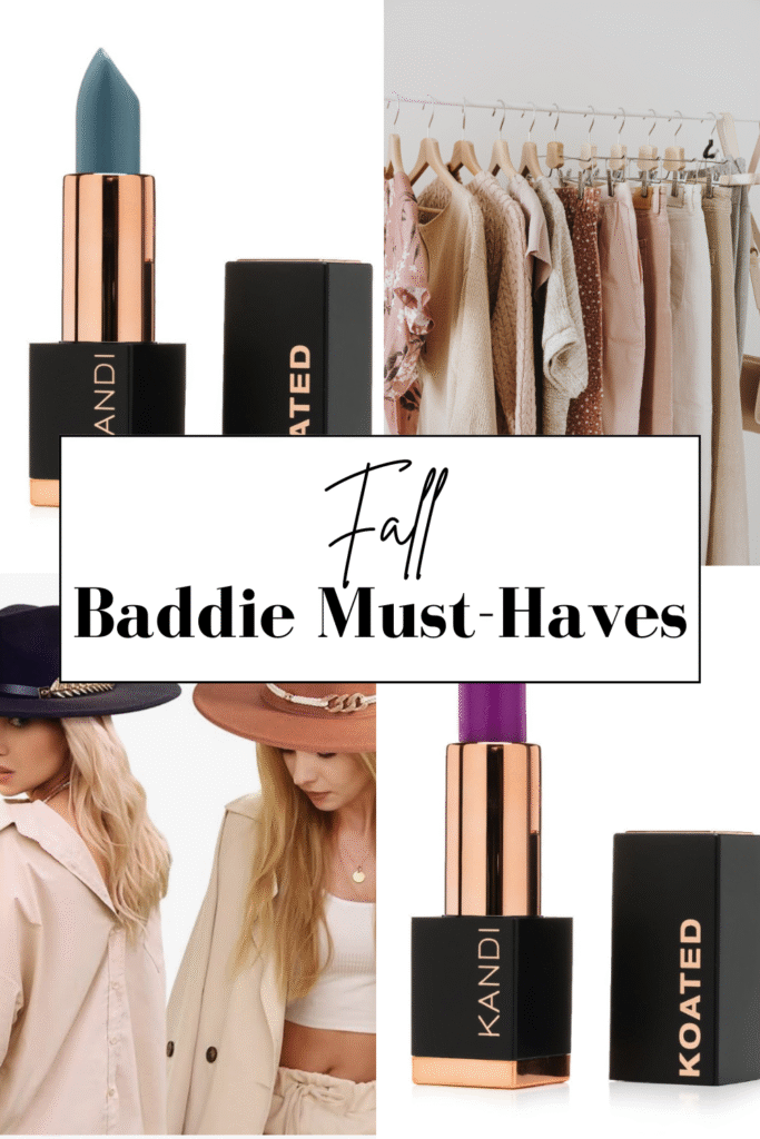 a Pinterest pin collage of 2 lipsticks and 2 clothing items for the fall season