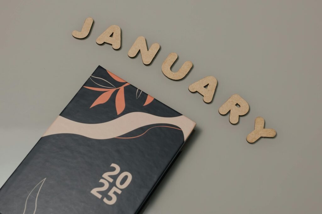 an image of letters that spell out the month "J-A-N-U-A-R-Y"...A book with "2025" is also in the picture underneath the word "January."