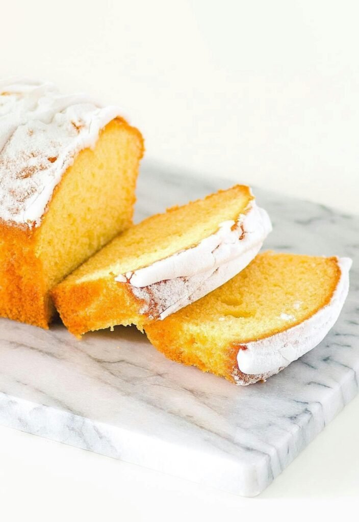 disconnect from technology - a sliced yellow pound cake with powdered sugar sprinkled on top
