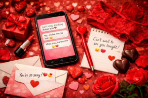 Romantic flat lay with a smartphone on a red surface surrounded by heart-shaped chocolates, a wrapped gift, red lingerie, lipstick, rose petals, and Valentine’s Day notes, creating a flirty, playful mood.