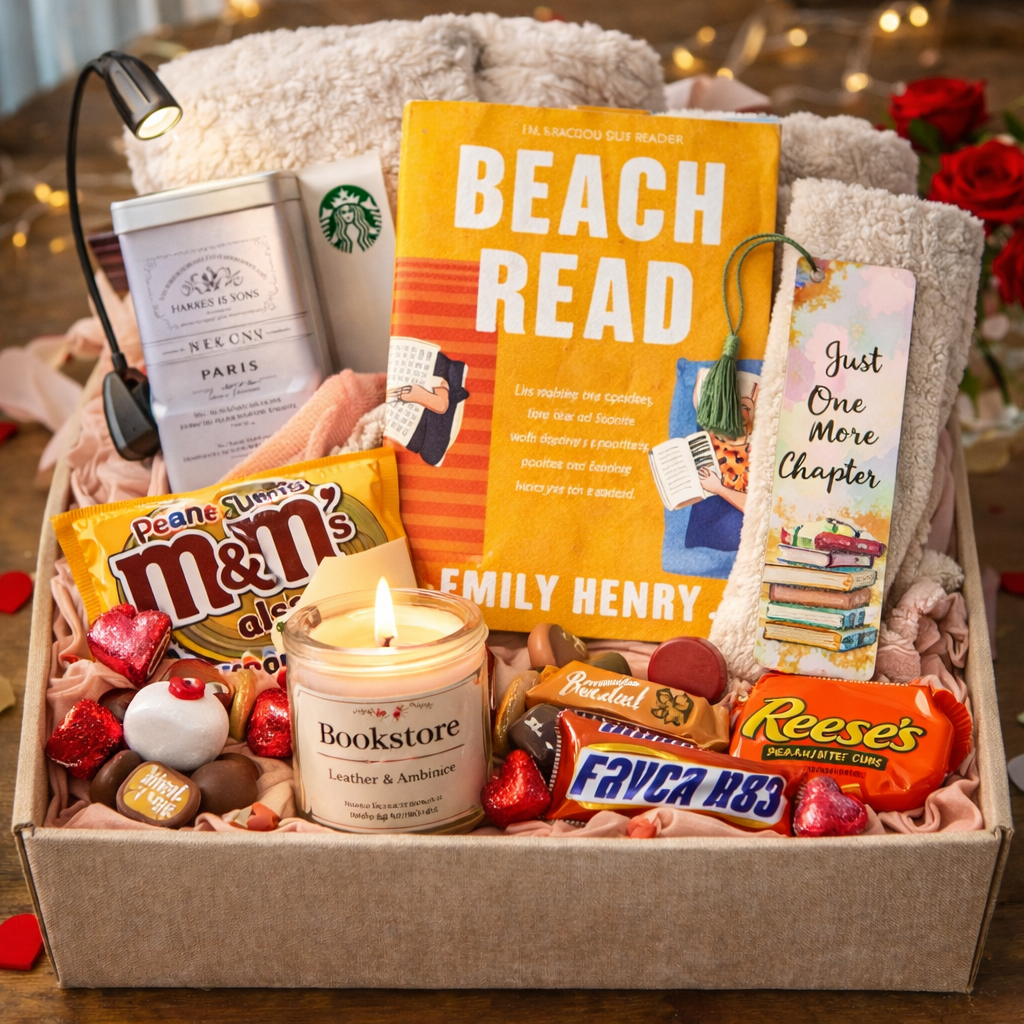 Valentine’s Day book lover gift basket featuring a cozy blanket, a popular romance novel, a decorative bookmark, reading light, scented candle, tea, and assorted chocolates arranged in a soft fabric box with warm ambient lighting.
