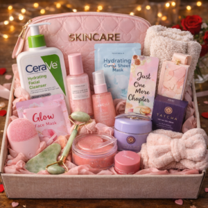 Valentine’s Day skincare gift box featuring cleansers, serums, sheet masks, under eye patches, jade roller, gua sha tool, and a fluffy skincare headband arranged in a pink box with soft romantic lighting.