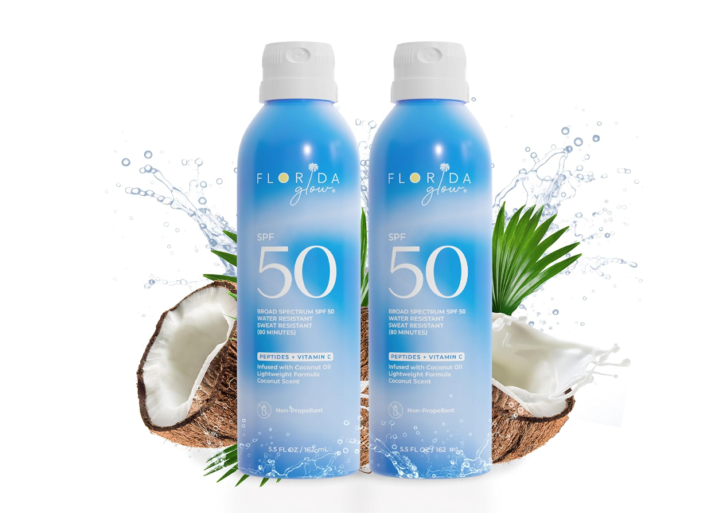 Florida Glow SPF 50 Sunscreen Spray- Hawaii 104 Reef Act & Florida Keys Compliant Broad Spectrum Water Resistant Sport Sun screen - Child Friendly