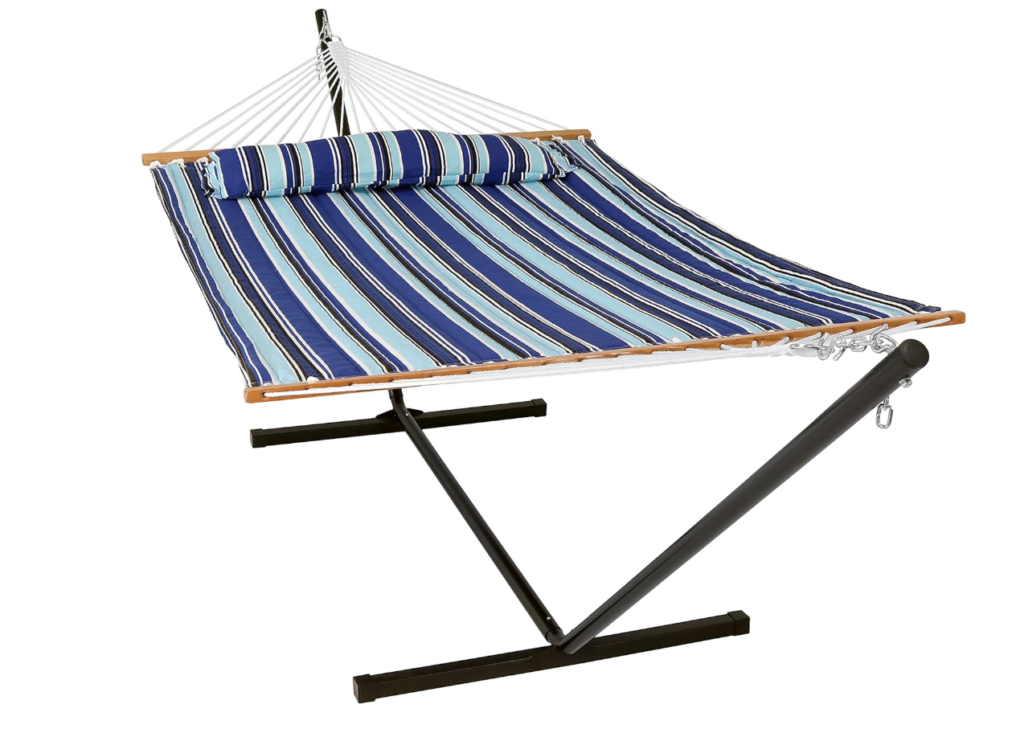 Sunnydaze Quilted Double Hammock with 12-Foot Stand and Pillow - 350-Pound Capacity - Black Stand - Catalina Beach