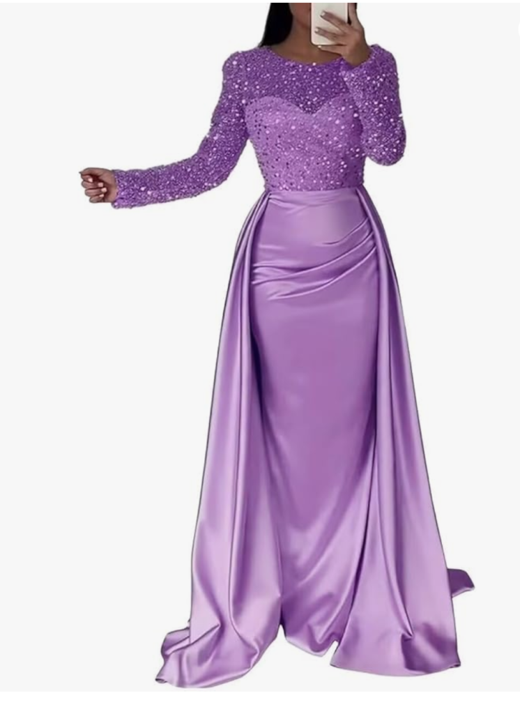 a woman models a long sleeve lilac-colored formal gown. The gown has a lilac cape attached.