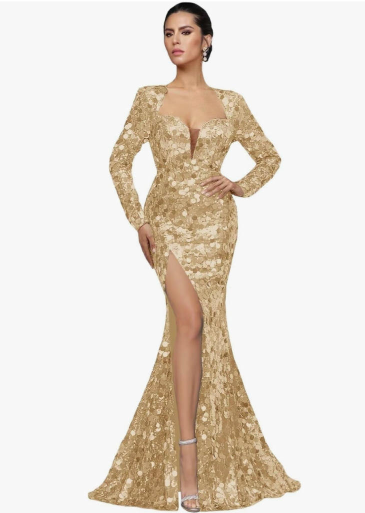 a woman models Zeeyecie Long Sleeve Sequin Prom Dresses 2025 Sparkly Sweetheart Neck Mermaid Long Evening Formal Ball Gowns with Slit