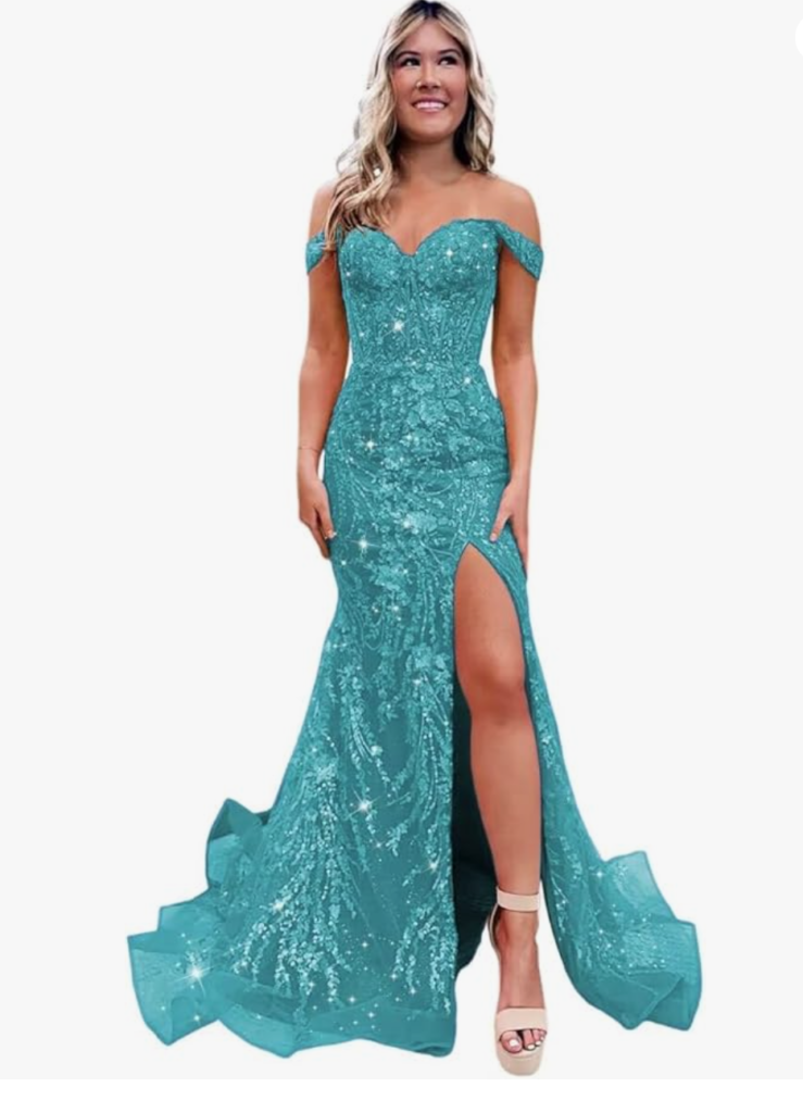 a woman models a YMSHA Long Prom Dresses with Slit Off Shoulder Sequin Mermaid Lace Formal Gown