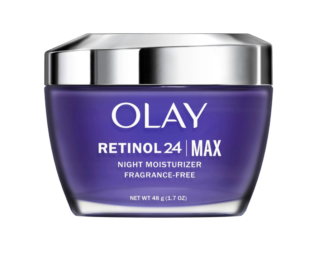 a dark blue jar of Olay Retinol Face Moisturizer, 24 MAX Anti-Aging Night Cream