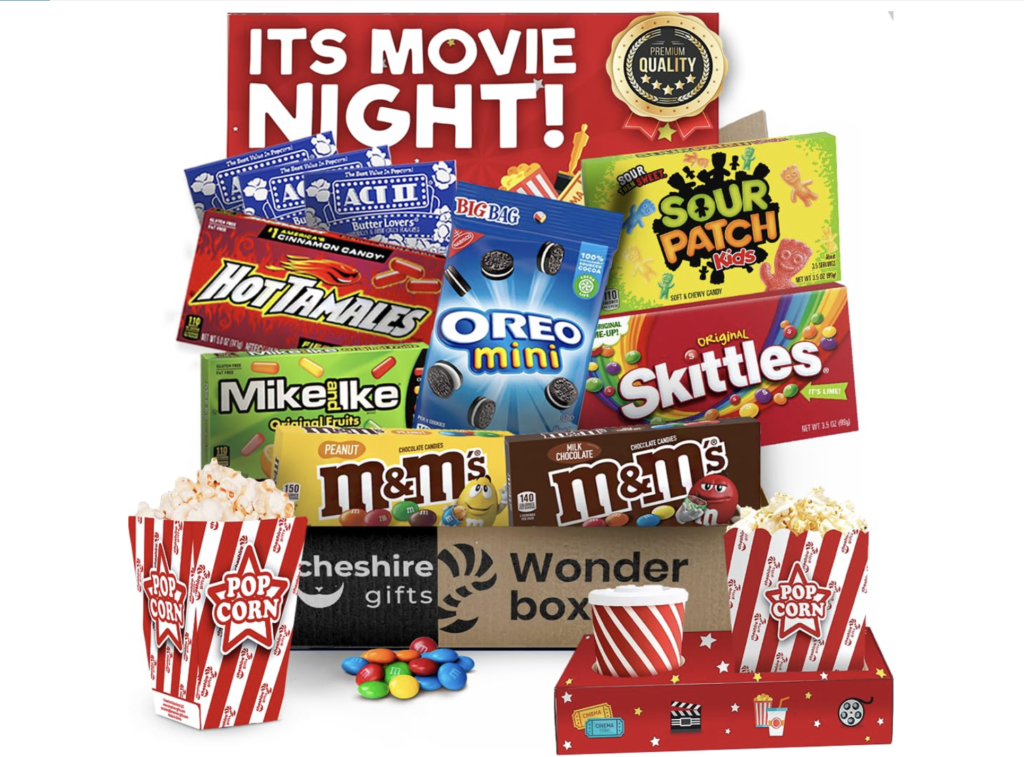 Valentine's Day gift box ideas for her - movie night gift basket filled with popcorn and other snacks
