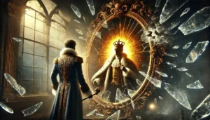 A surreal painting depicting a person gazing into a cracked mirror where their reflection appears grandiose and radiant but behind them
