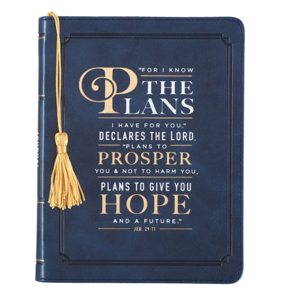 I Know The Plans Jeremiah 29:11 Bible Verse Navy Blue Faux Leather Journal with gold ribbon or tassel