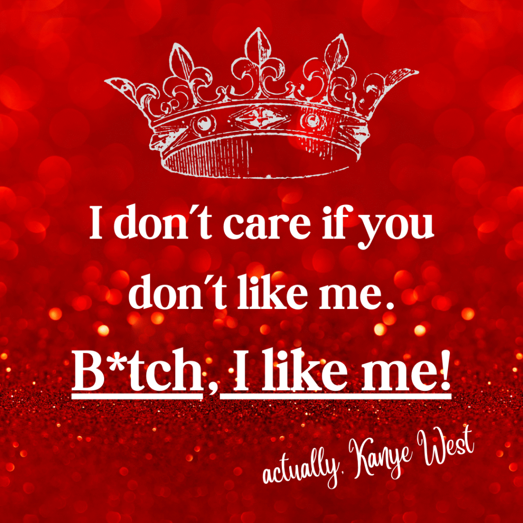 a Kanye West quote on a candy apple red background with bling and a crown sitting above the quote