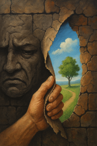 life and chance quotes - an AI generated image of a stressed face with a hand peeling back layers that lead to outdoors. a tree a blue sky are in the background