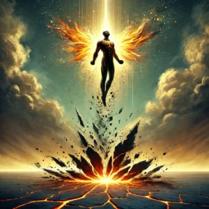 Turn pain into power - a symbolic art illustration representing the theme "Turning Pain Into Power." The image shows a figure rising from a shattered dark ground