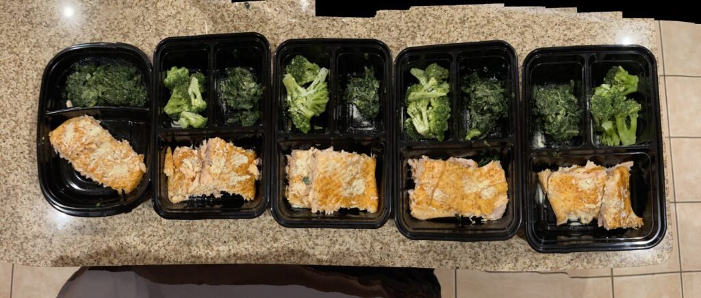 How to Lose Belly Fat After 30 - a pic of the author's actual meal prep for the week: salmon, broccoli, spinach in each meal prep container