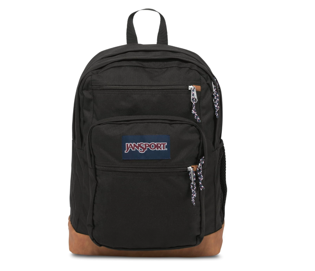 an image of the JanSport Cool Backpack in black with tan leather trim at the base