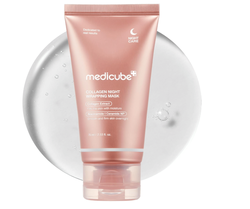 best mask for glass skin - an image of the product, medicube Collagen Overnight Wrapping Peel Off Facial Mask in a satin-peach colored squeeze bottle