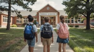 The best backpacks for middle school: 3 children are walking towards the entrance of a middle school all 3 are carrying different colored backpacks