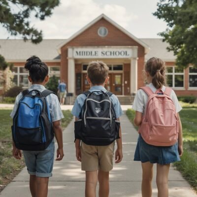 The best backpacks for middle school: 3 children are walking towards the entrance of a middle school all 3 are carrying different colored backpacks