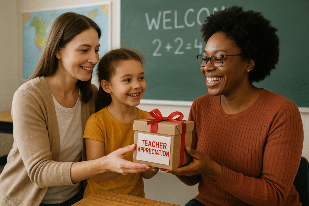 teacher appreciation gifts - a parent and her child gives a gift to her teacher