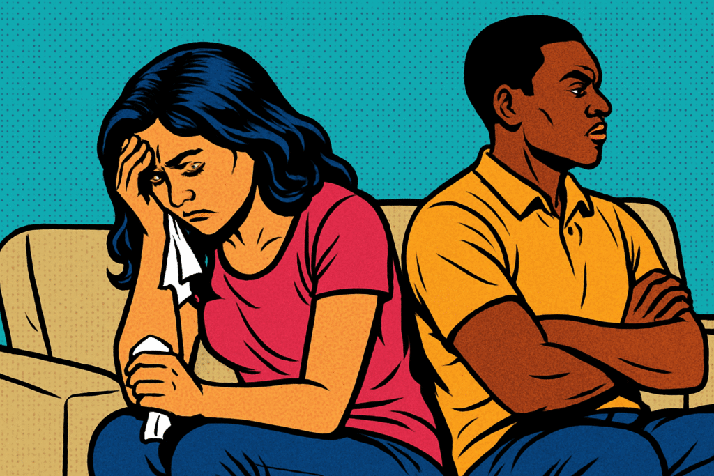 Why Toxic Relationships Are Addictive - a woman holds her head and a kleenex in her hands visibly upset. the man has his back away from her visibly angry and annoyed