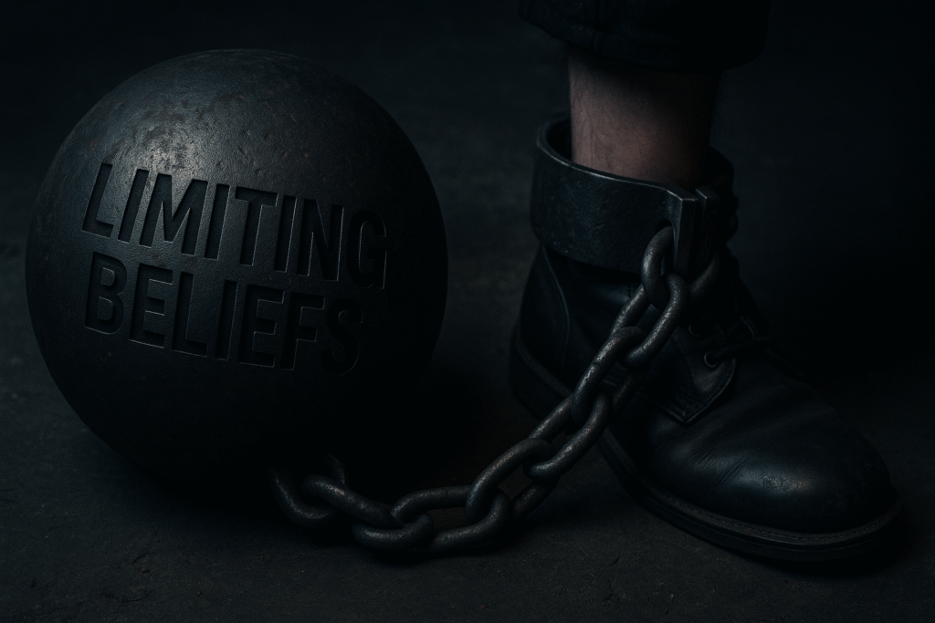 Limiting beliefs holding you back - a black ball and chain attached to an individual's leg