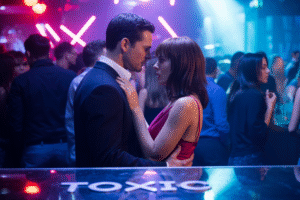why toxic relationships are addictive - a couple involved in a toxic relationship on the dancefloor of a night club. They look like they are getting along or are in love but to the naked eye (those of us on the outside looking in) inside there's toxic drama