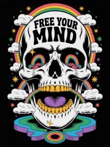 25 Limiting Beliefs That Are Holding You Back -a striking and surreal vector desgin featuring a skull with the words, "FREE YOUR MIND" written on the forehead