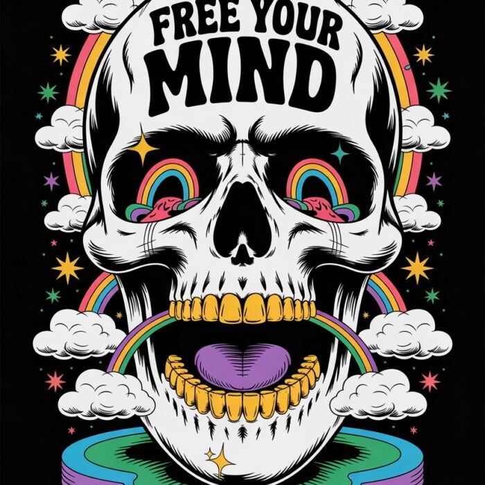 25 Limiting Beliefs That Are Holding You Back -a striking and surreal vector desgin featuring a skull with the words, "FREE YOUR MIND" written on the forehead