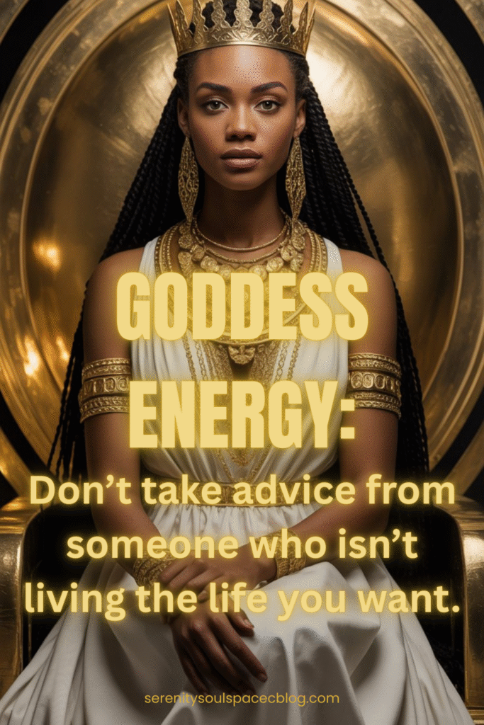 affirmations for goddess energy - a nubian princess sits on a gold throne wearing a gold crown