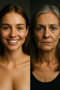 5 signs your relationship is wasting your youth.- a split screen of a woman who's aged. One half of the screen is a young woman. The other half of the screen is an aged woman.