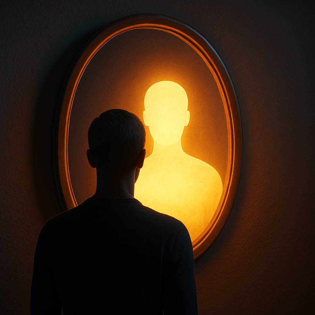 how does self-awareness influence personal growth -- Silhouette facing a mirror Instead of a reflection, the mirror shows a glowing inner light or a different “self.”
