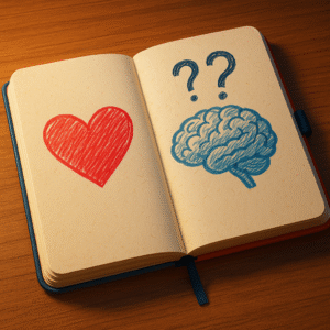 how does self-awareness influence personal growth - Open journal with doodles of a heart, mind, and question marks