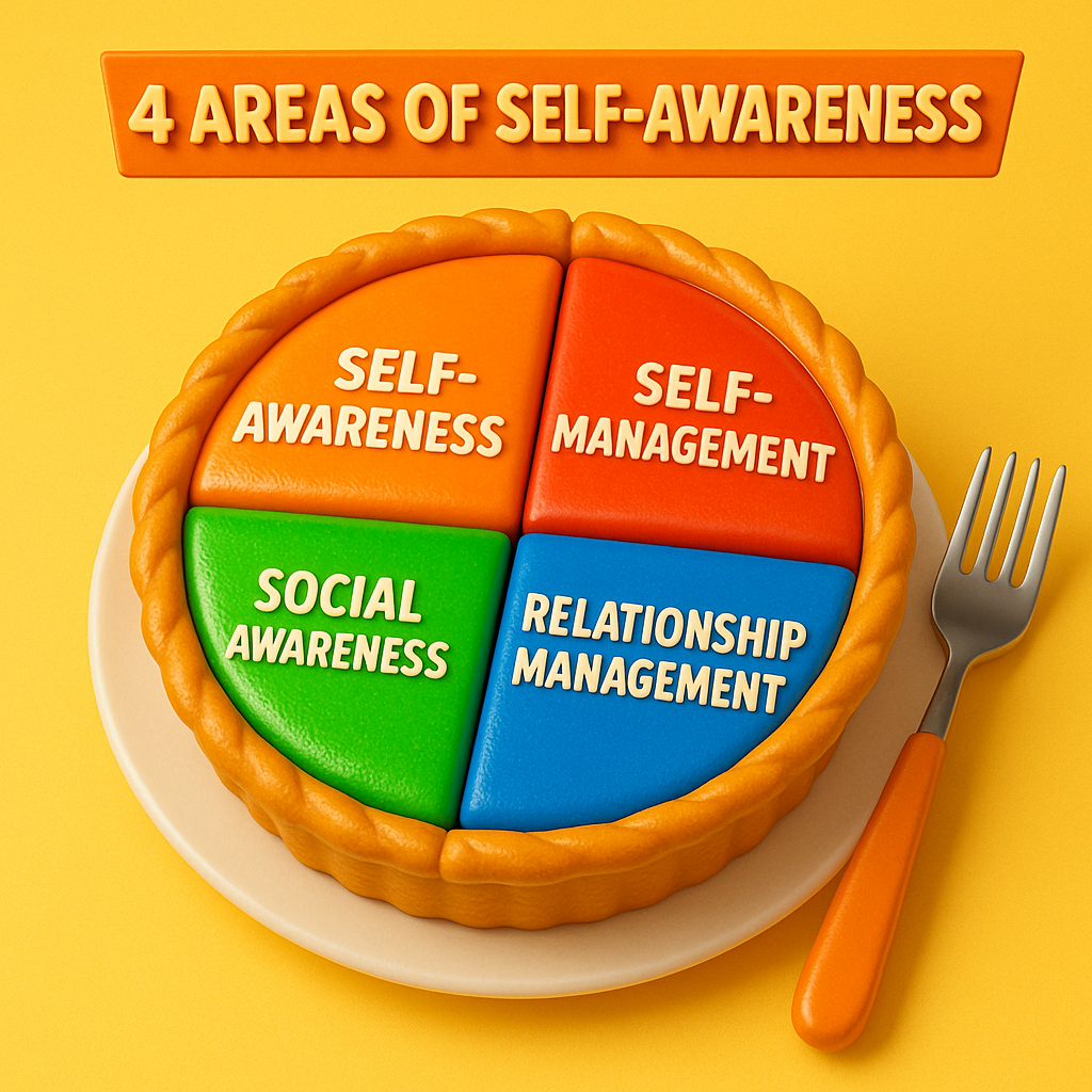 4 areas of self-awareness pie chart with the 4 areas written in each slice of the pie