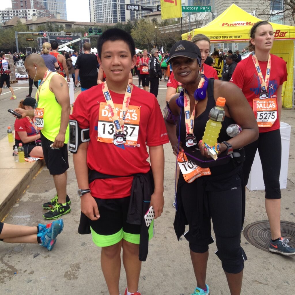 30-day blog challenge - a pic of the author and a former student at the finish line