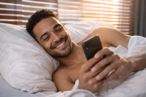 Handsome man lying on his side in bed, smiling while checking his phone in the morning as warm sunlight streams through window blinds, creating a cozy and intimate wake-up atmosphere.