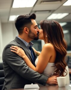 10 Signs Men Give Before They Cheat - an image of a man kissing a woman in the workplace