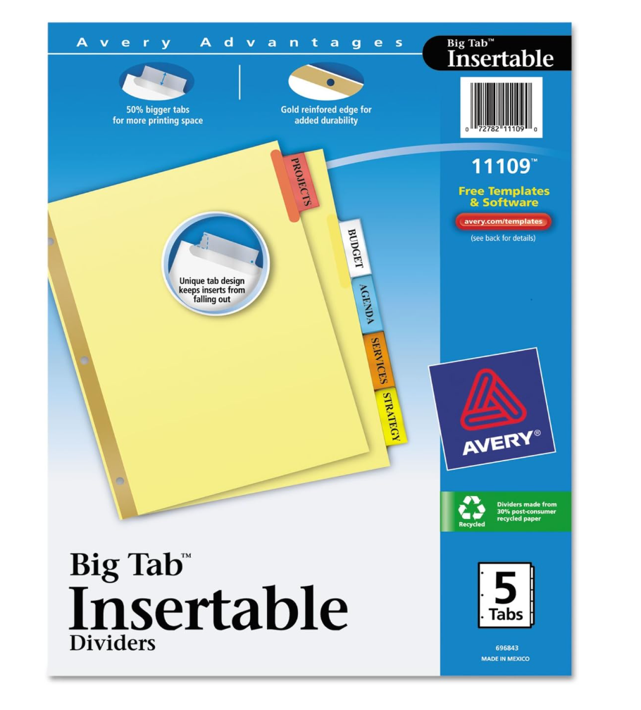 Amazon school supplies $5 and under - big tab insertable dividers