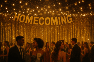 short homecoming dresses - an image inside a high school homecoming dance with the word, "homecoming" stretched across the stage as decor