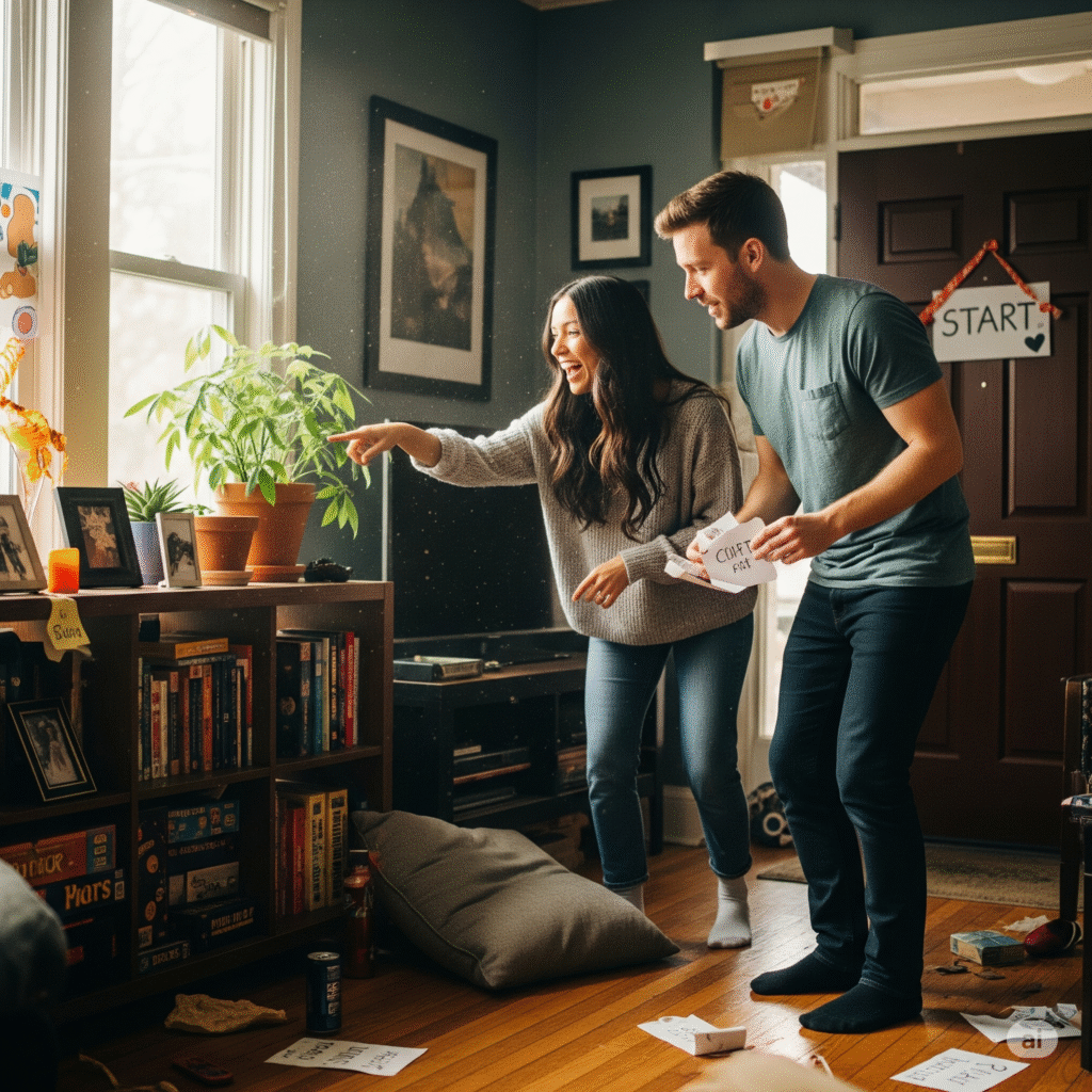 labor day weekend ideas for couples - a couple engaged in an indoor scavenger hunt in their home