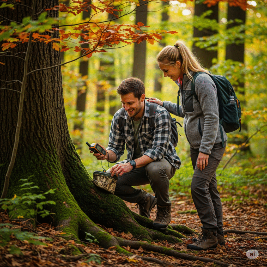 labor day weekend ideas for couples - a couple geocaching in the woods