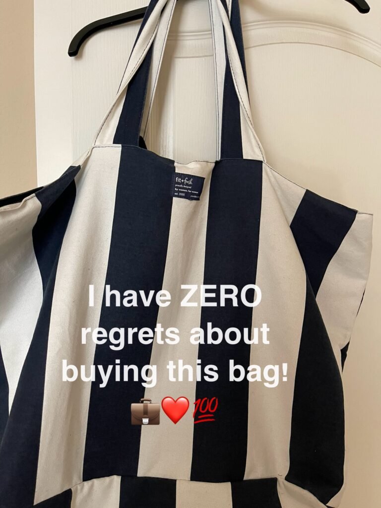 best tote bags for teachers - the author's own "Fit & Fresh" oversized tote in navy blue and white stripes