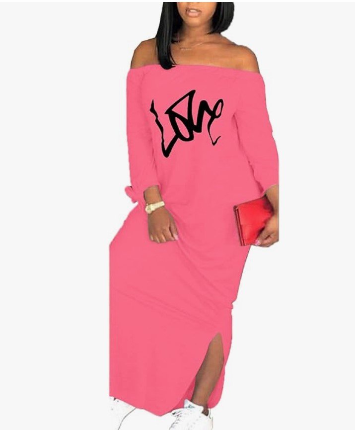non-negotiables for setting boundaries - pink off the shoulder maxi dress with the word, Love, written on the front in cursive