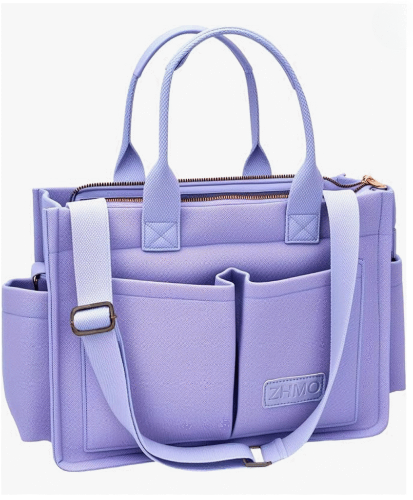 best tote bags for women - a lavender oversized tote bag with numerous compartments and straps