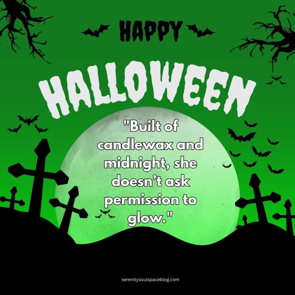 Halloween quotes aesthetic - green, white, and black theme with silhouette of crosses in a graveyard