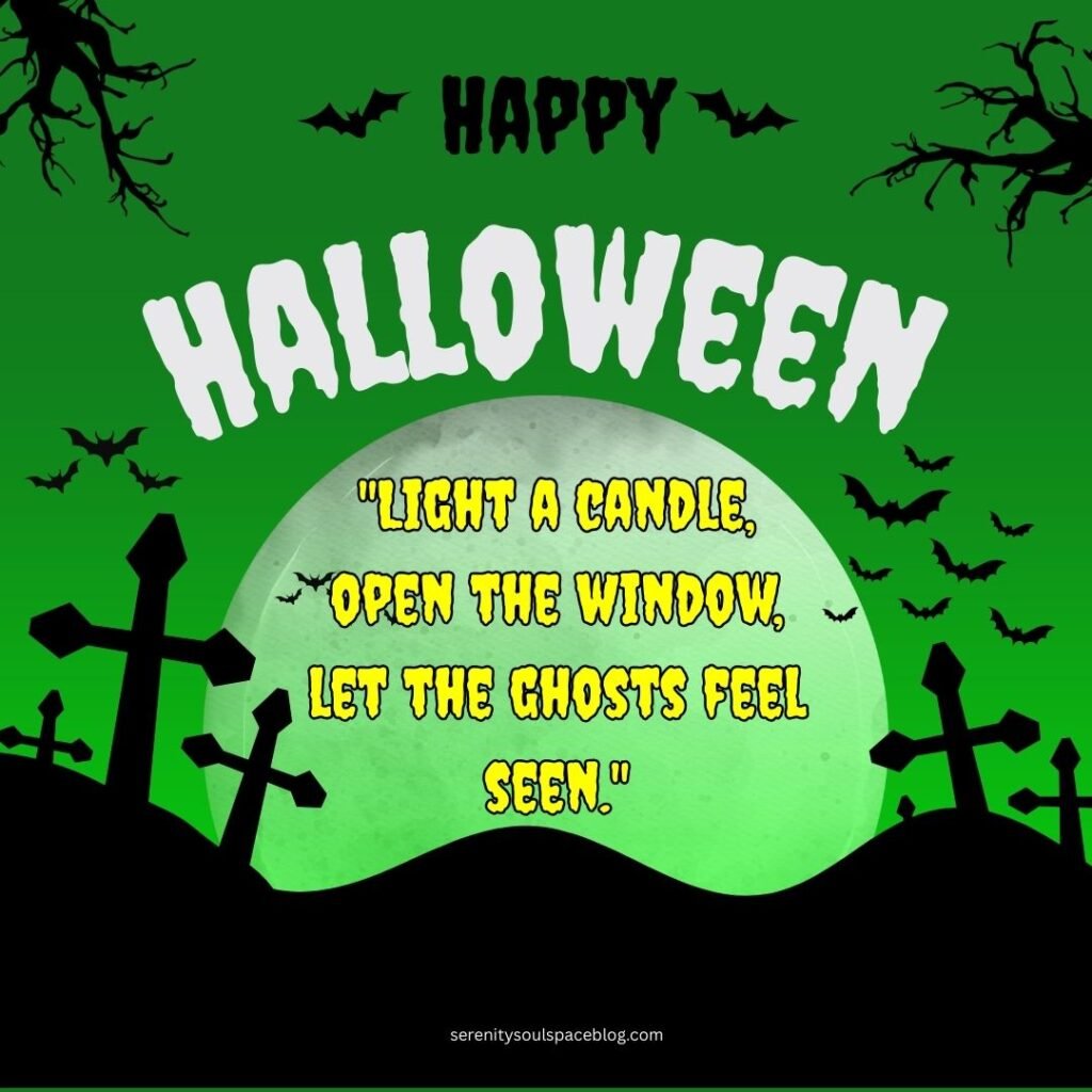 halloween quotes green background with black crosses as if in a graveyard.