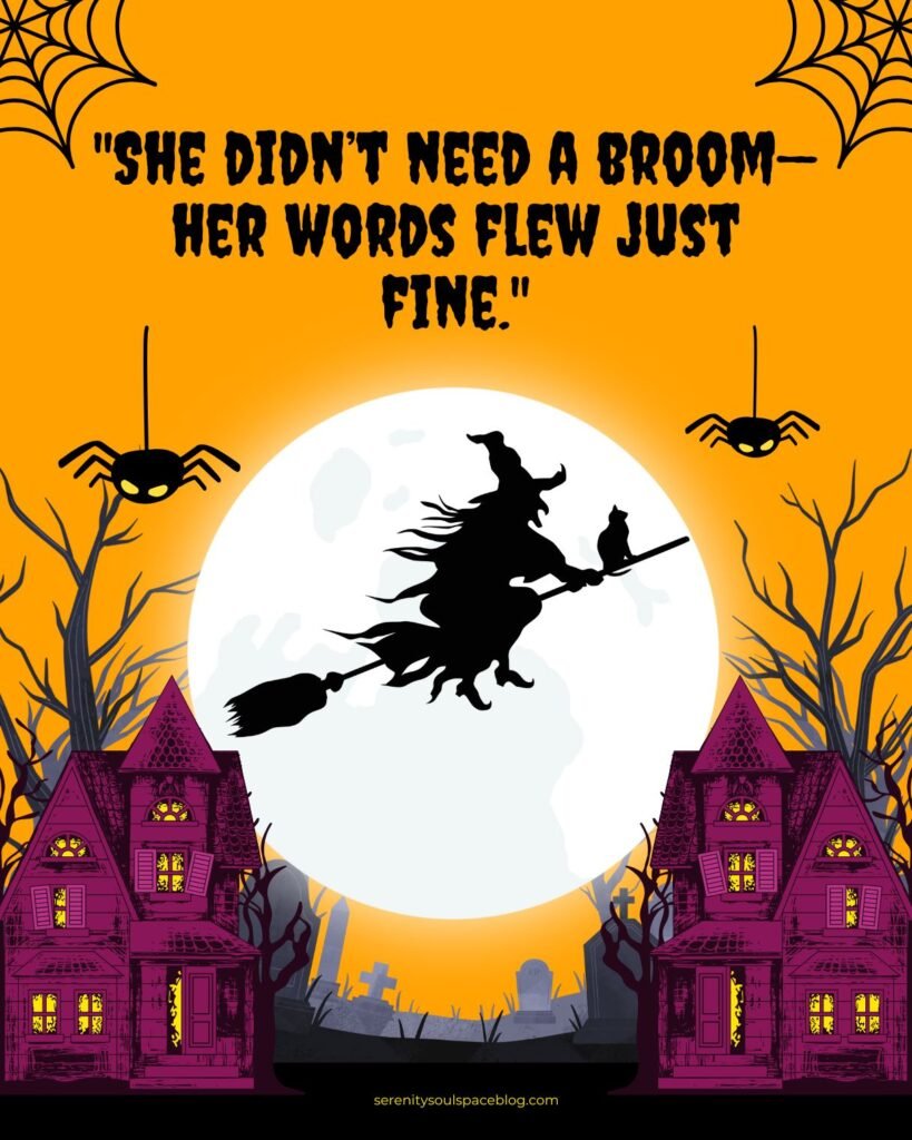 Halloween quotes aesthetic - silhouette of a witch flying across a full white moon